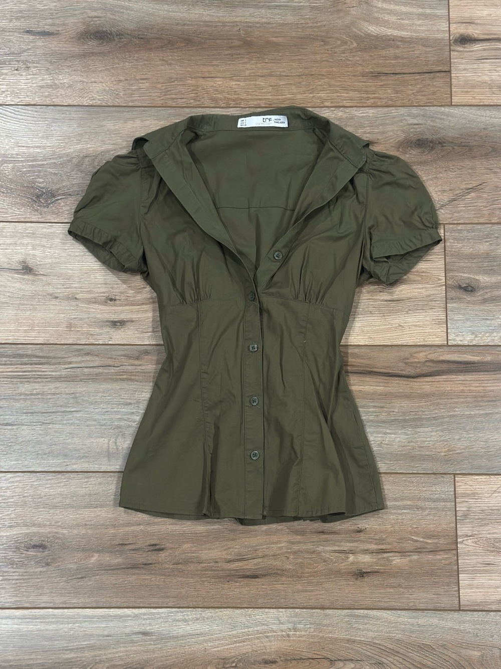 ZARA Vintage 2000s Y2k Olive Green Button-up Tie-back Fitted Blouse | Size Small